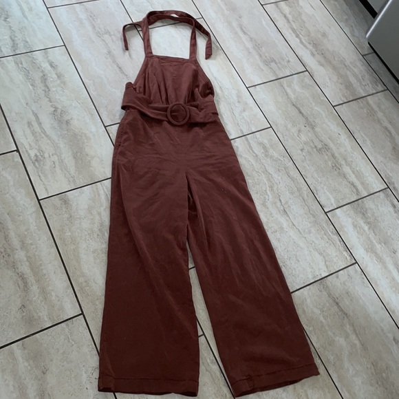 Free People Brown 70s Halter Wide Leg Belt Jumpsuit Size Small - Picture 4 of 9